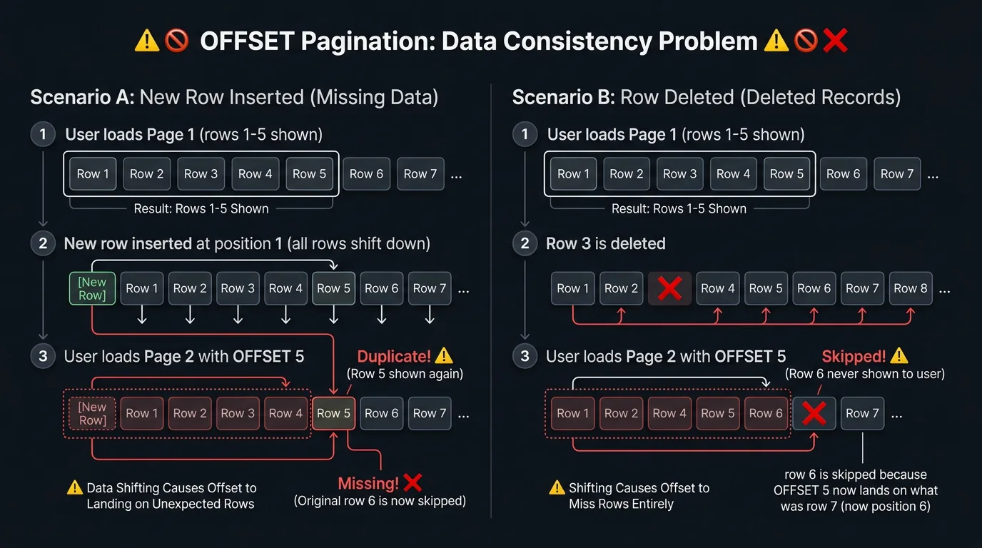 Diagram showing how OFFSET pagination produces duplicate or missing records during concurrent writes